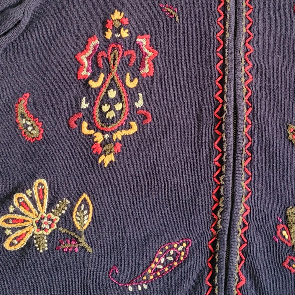 90s Boho Floral Embroidered Cardigan Navy Blue XL 12-14 - Picture 4 of 16